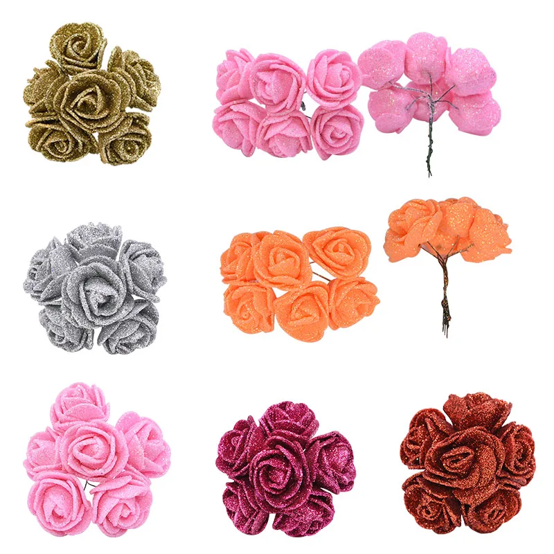 

36pcs Glitter Pink Orange Bridal Bouquet Artificial Foam Flower Wedding Garlands DIY Scrapbooking Craft Party Garden Fake Fleurs