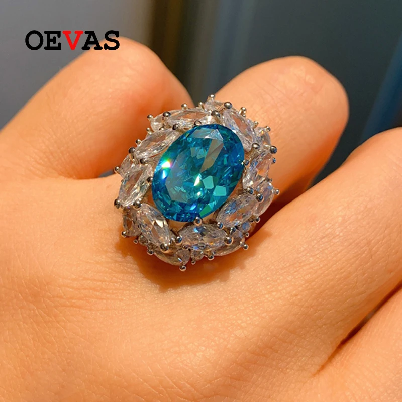 

OEVAS 100% 925 Sterling Silver 10*14mm Aquamarine Egg High Carbon Diamond Radiant Cut Rings For Women Sparkling Fine Jewelry
