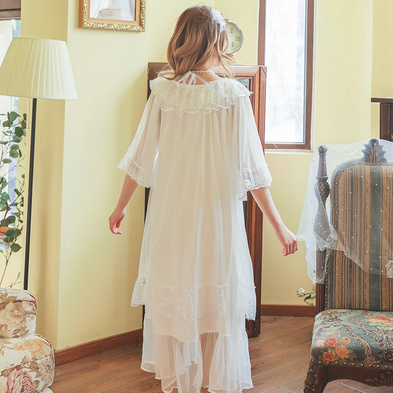 

2021 Summer Nightdress for Women Vintage Court Style Sweet Half-Sleeve Night Gown Solid Thin Lace Sexy Mesh Sleeping Dress New