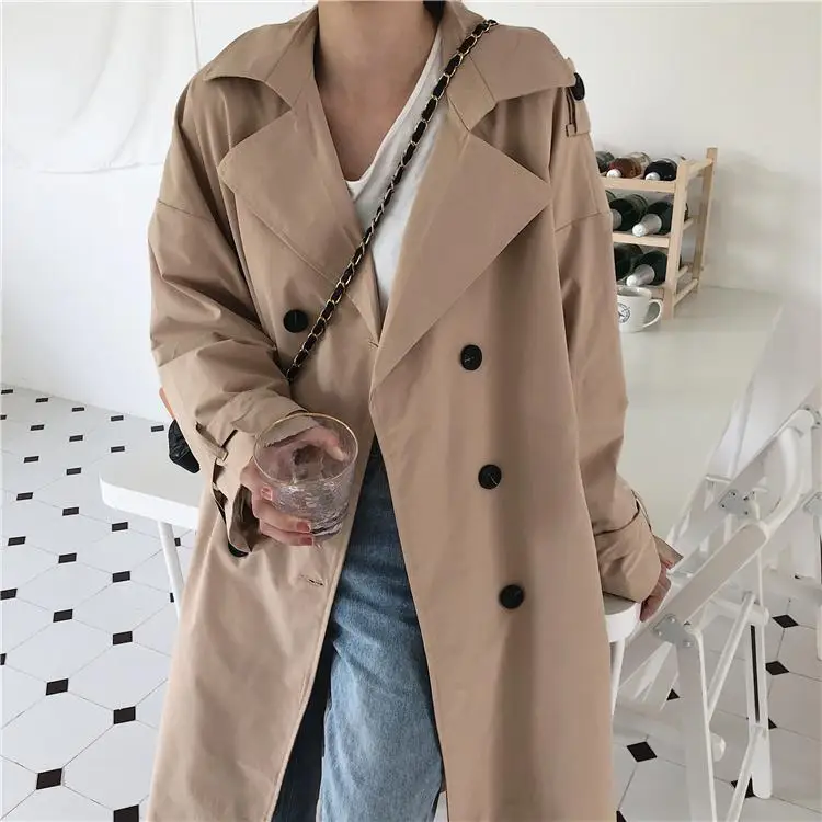 

Female retro temperament medium coat cardigan Spring Korean edition loose lapel double-breasted windbreaker jacket