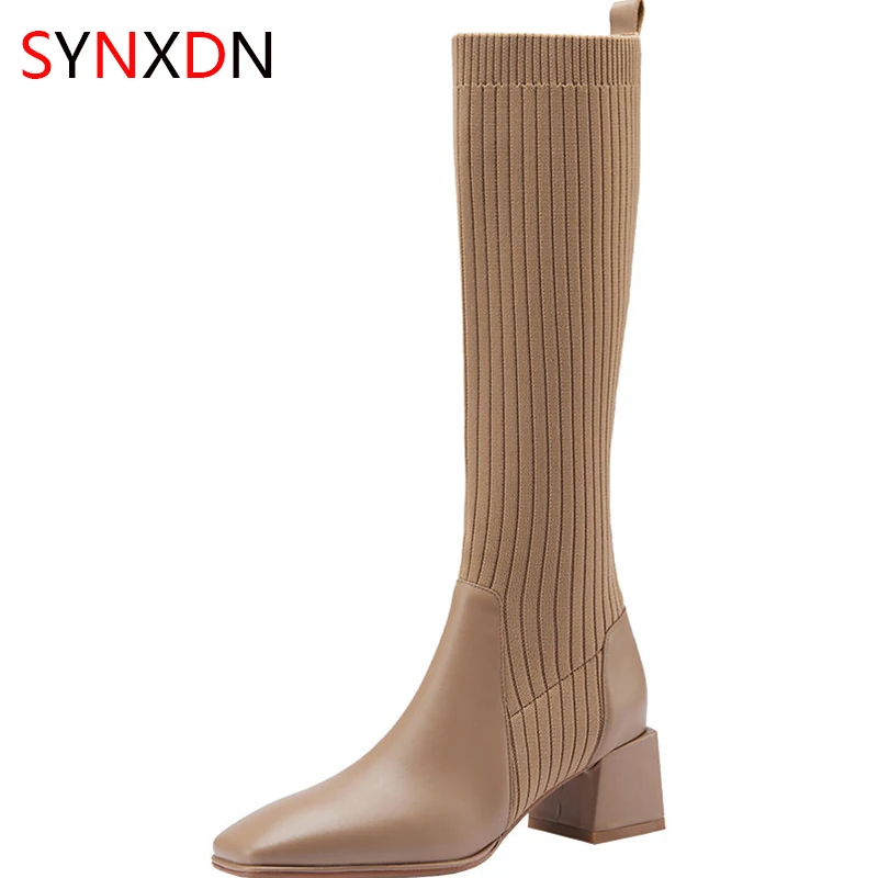 

Эластичные вязаные сапоги до бедра SYNXDN, женские носки, черные сапоги, длинные облегающие сапоги, модные дизайнерские сапоги на квадратном к...