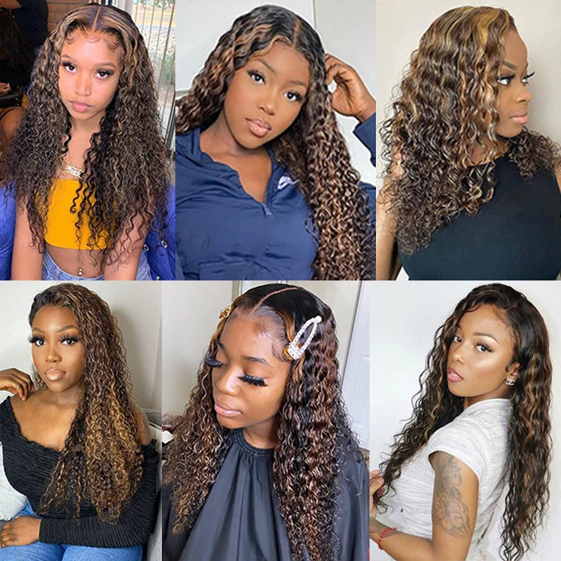 

Highlight Ombre Colored Curly Lace Front Human Hair Wigs Deep Wave Brazilian Remy Hair Lace Wigs Pre Plucked 180% Density