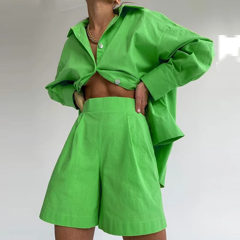 

Casual Women Short Set Tracksuit Loungewear Two Piece Women Outfits Oversized Long Shirt And High Waist Shorts Green