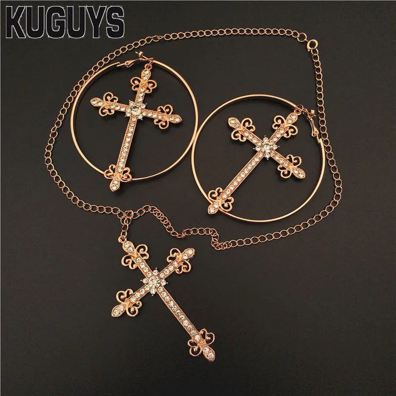 Earring and necklace KUGUYS, модные ювелирные изделия, трендовые Золотые круглые большие серьги для женщин, Винтажные серьги-капли с металлическими кристаллами, аксессуары Brincos - Окраска металла: Earring and necklace