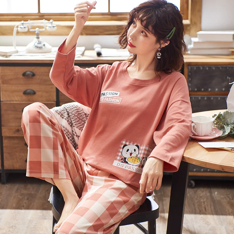 Женская пижама милый топ с пандой + клетчатые брюки 2 шт./компл. повседневный