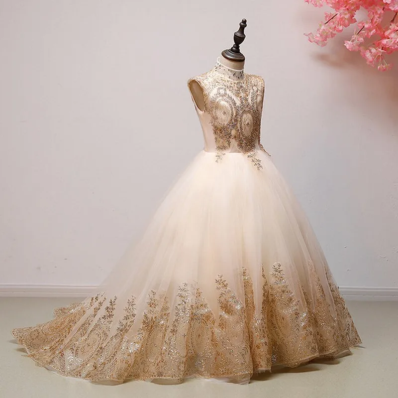 Официальное детское платье принцессы с высоким воротом Золотое кружевное без