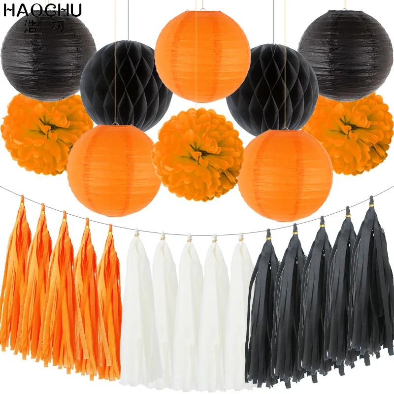 Orange Black 25pcs/set Gold White Round Hanging Paper Ball Lanterns Honeycomb Tissue Pom Poms Tassel Birthday Wedding Theme Party Decorations - Цвет: Orange Black