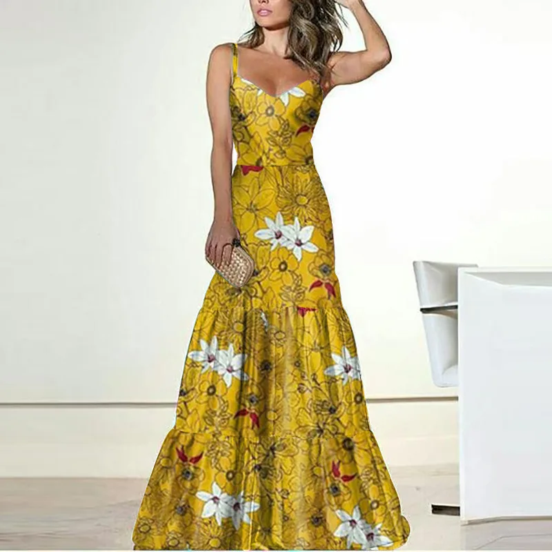 

2021 Summer Women Party Dress Fashion Elegant Sexy Maxi Dress Print Spaghetti Straps Dress