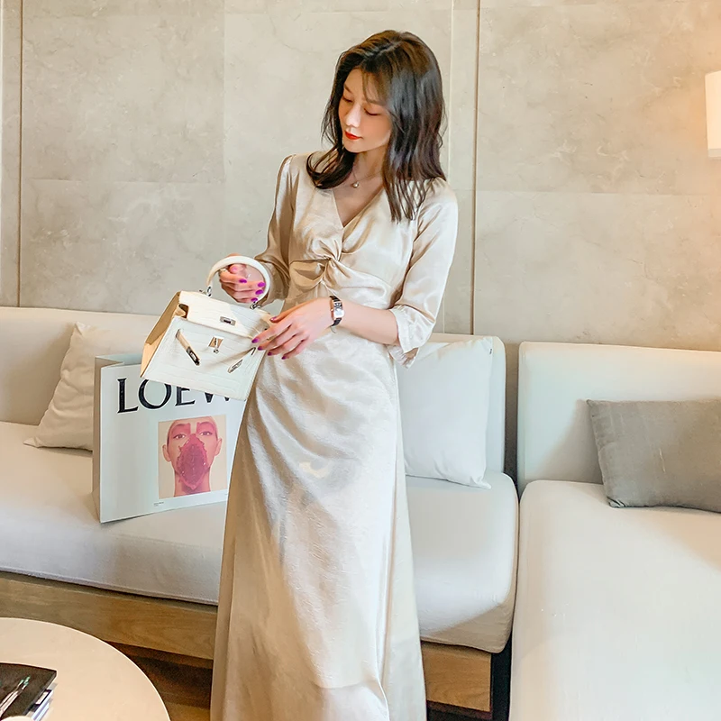 

Five-point sleeve dress female summer waist waist was thin temperament and ankle retro beach long skirt seaside holiday skirt