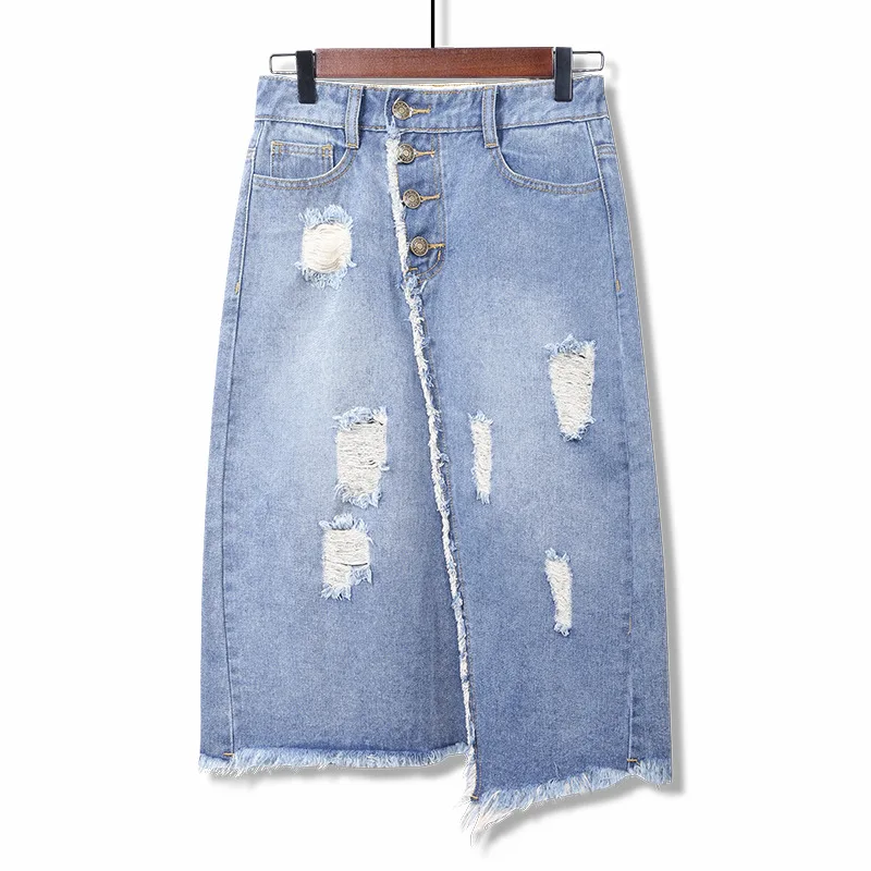 High Quality Women Plus Size Skirt Elastic Waist 2020 Spring Summer Blue Bodycon Denim Skirts Casual Hole Ripped 6XL | Женская одежда