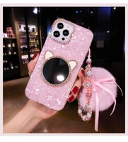 bling diamond cute mirror fox fur ball crystal hand chain case cover for iphone 13 12 mini 11 pro max xs max xr x 8 7 6 plus se