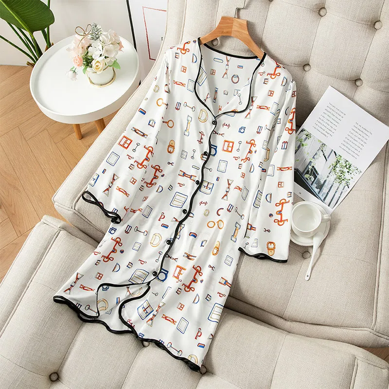 

Long Sleeve Nightgown Summer Women Silk Satin Sleepshirt Nightwear Loose Casual Nightdress Sleepwer Print Home Clothes Bathrobe