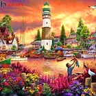 Картина из квадратныхкруглых страз Huacan, закат, маяк, алмазная вышивка побережье, дом, семейная мозаика, Декор