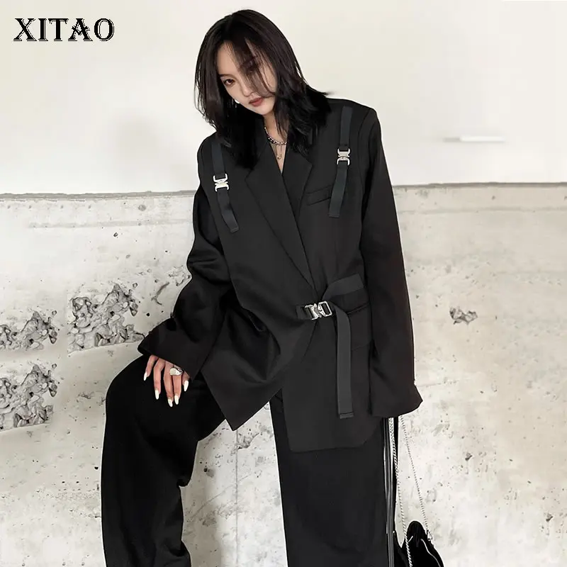 

XITAO Black Blazer Fashion New Women Full Sleeve Goddess Fan Single Button Plus Size Pocket 2021 Minority Loose Coat WMD2246