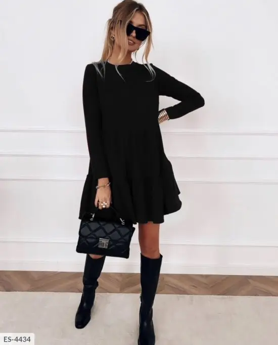 

New Spring Autumn Dress Women Elegant O-Neck Long Sleeves Multi-layer Ruffles Hem Solid Party Dresses Casual Slim Vestidos