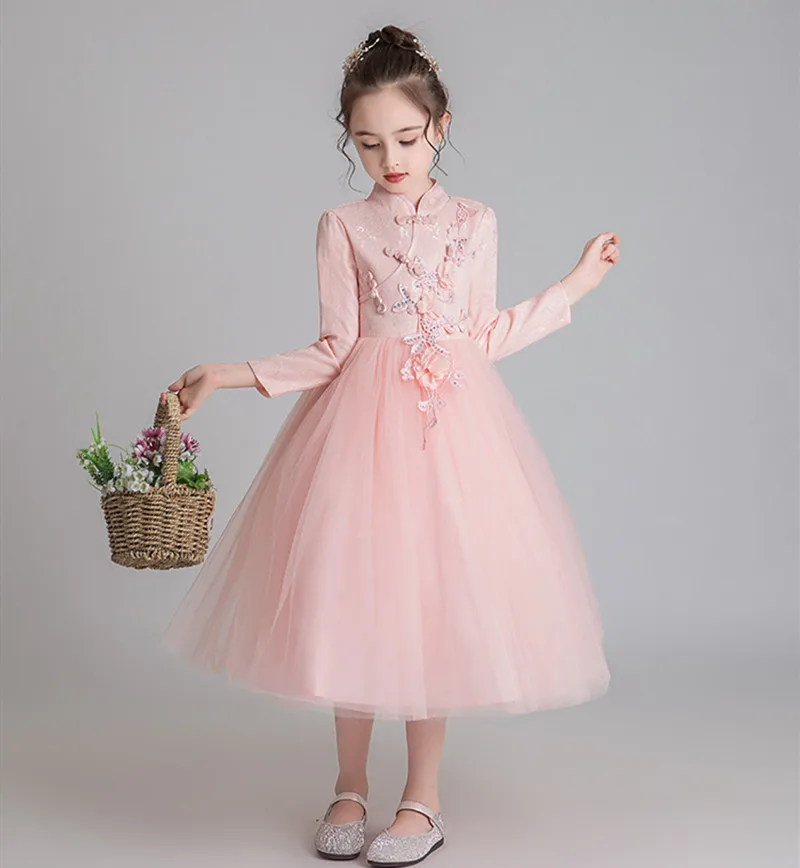 Платье принцессы с аппликацией и длинным рукавом сетчатая пачка бисером