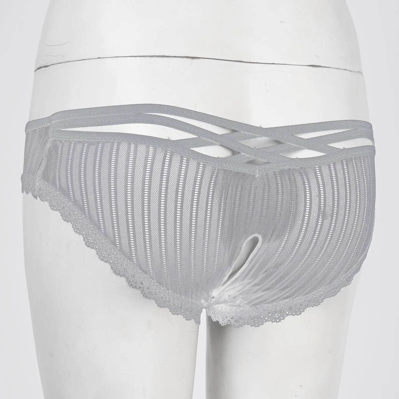 

Womens Mens Sexy Panties Low Waist Crotchless Striped Briefs Breathable Strappy Elastic Waistband Panties See-through Underwear