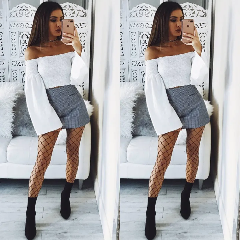 

Hot New Autumn Boho Long Flare Sleeve T-Shirt Women Off Shoulder Tunic Tops Ladies Casual Crop Tops T-Shirts Plus Size