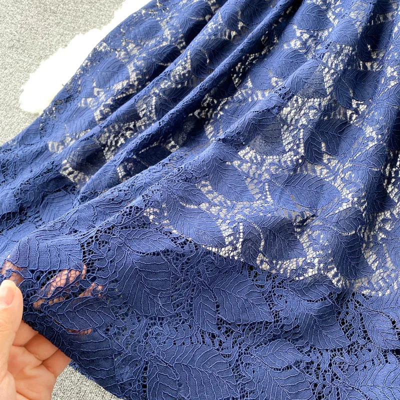 

Women Blue Lace Midi Dress Spring Autumn Round Neck Long Sleeve High Waist A-Line Vintage Party Vestidos Female Elegant Robe New