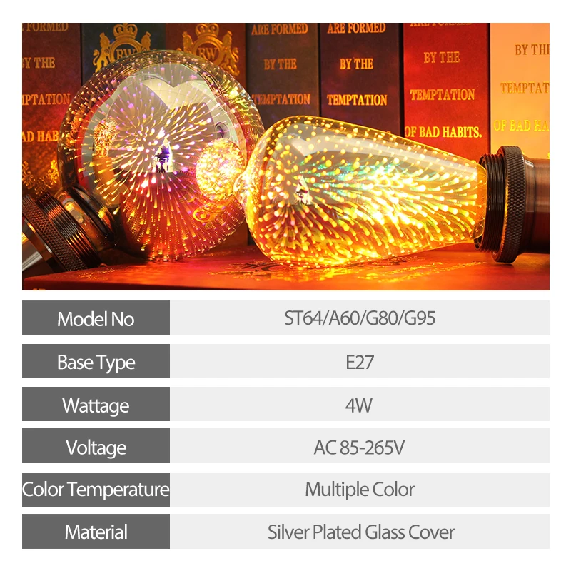 3D украшения Эдисон лампы E27 4W 110V 220V Винтаж светильник звезда фейерверк