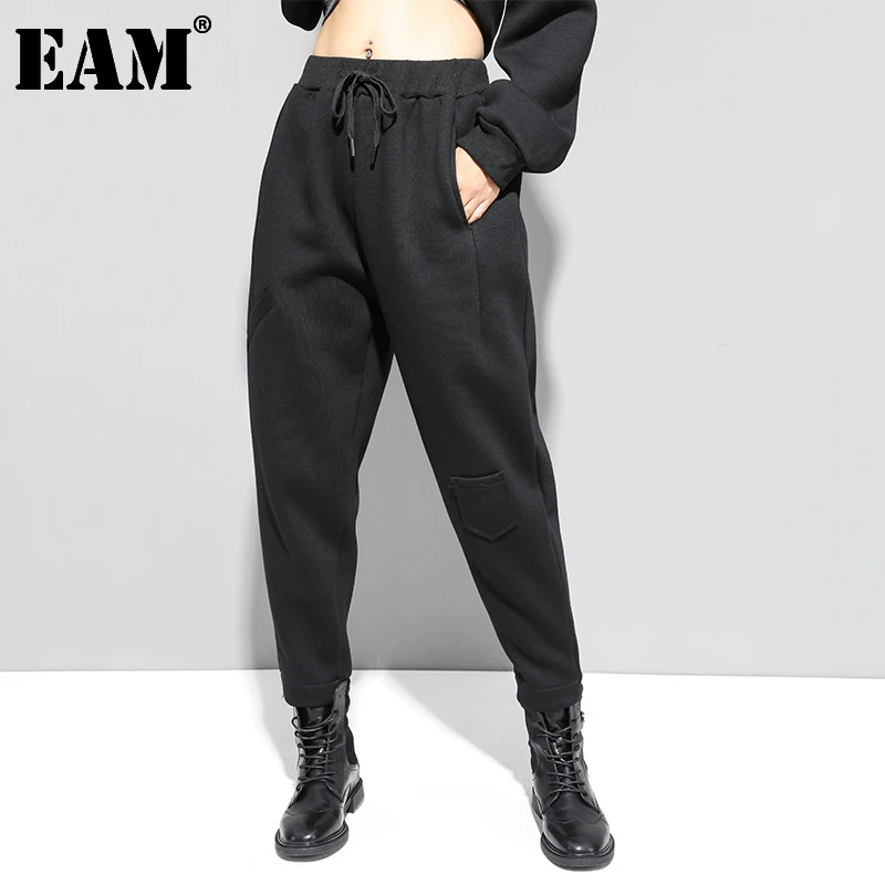 

[EAM] High Elastic Waist Black Thick Pocket Long Harem Trousers New Loose Fit Pants Women Fashion Spring Autumn 2021 1DD0436