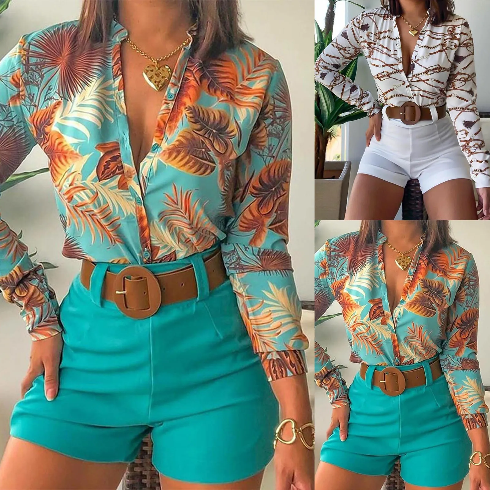 

1047 Women's Stylish Plain V-Neck Pocket Irregular Print Long Sleeve Shirt Top Blouse Turn-Down Collar Long Sleeve Buttons Stree