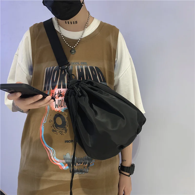 

Waterproof Drawstring Shoulder Bag For Women 2021 New Nylon Bucket Crossbody Bag Quality Soft Casual Unisex Purse And Handbags
