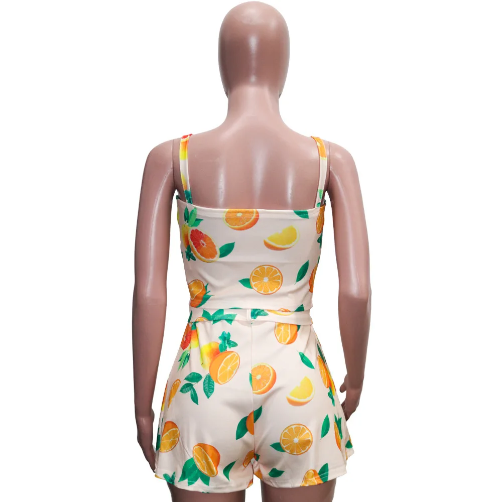 

New women's suit summer sport suit fruit print belt blouse + shorts suit 2 pieces 2 pieces nightclub party beach suit