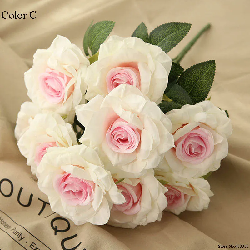 

10 Head Curled Roses High End Bouquet Artificial Flowers Wedding Decorative Flores Home Decor Simulation Silk Fake Flower