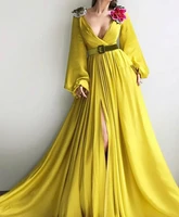 moroccan muslim evening dresses a line v neck long sleeves chiffon slit long luxury turkey dubai saudi arabia prom dress gown