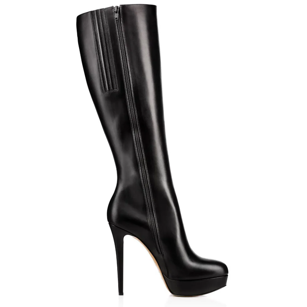 Ladies' Black Pu Boots with Slender High Heels with Platform and Zipper Female Knee High Boots