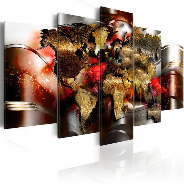 

World Map Prints Poster Wall Painting 5 Pieces Modern Canvas Art Modular Pictures for Office or Living Room Home Decor