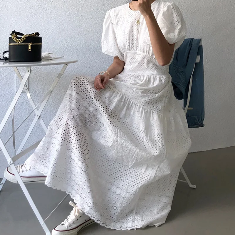 

Korean Chic Dress Elegant Light Ripe Round Neck Jacquard Lace Hollow High Waist Large Swing Bubble Sleeve Dress
