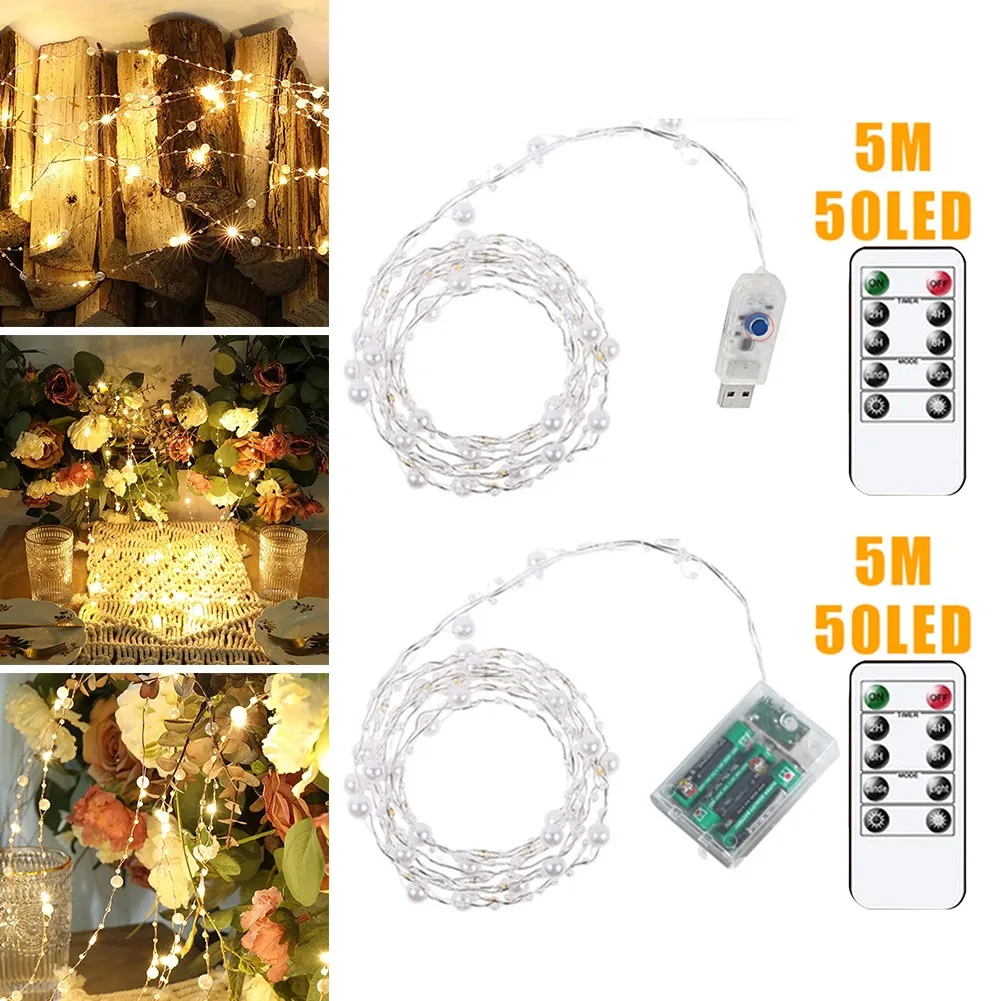 

5M 50 LED Pearl String Lights Battery Operated Copper Wire LED Bead String Light Fairy Lights Garland For Christmas Wedding