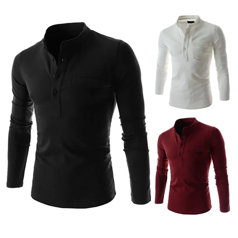 

Рубашка-поло мужская однотонная с длинным рукавом и воротником-стойкой