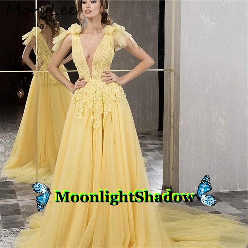 

Yellow Tulle Deep V Neck Evening Dresses Pleat Sexy Backless Dubai Arabic Saudi Arabian Vestidos De Festa Prom Custom Made