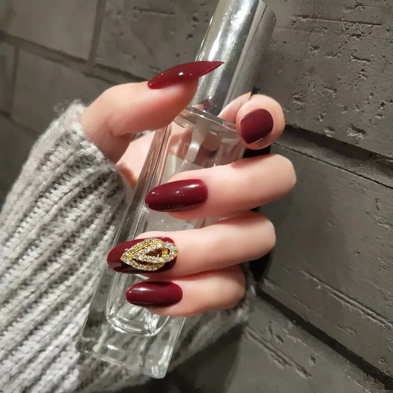 Новинка 2019 24 шт. искусственные ногти 3D винно-Красный бриллиант свадебные