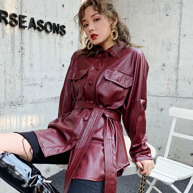Женская куртка из искусственной кожи с поясом пальто крутая Дамская уличная