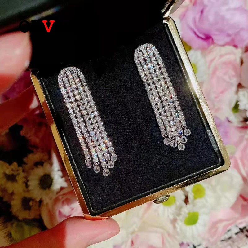 OEVAS 100% 925 Sterling Silver Full High Carbon Diamond Tassel Drop Earrings For Women Sparkling Wedding Party Fine Jewelry Gift