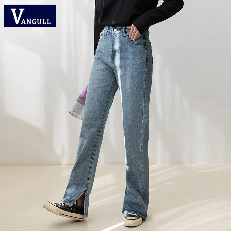 

Vangull Vintage High Waist Straight Jeans Women Streetwear Loose Female Denim Trouses Zipper Split Ladies Full Length Jeans