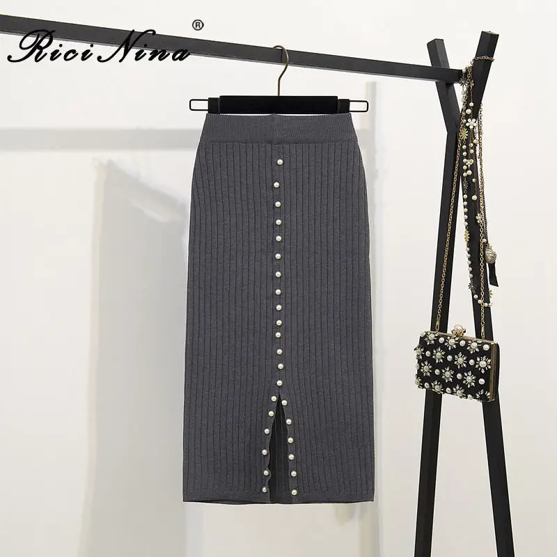 Gray Skirt women RICININA, вязаная юбка, женские юбки, Осень-зима, высокая талия, эластичные, Длинные пуговицы для юбки, одноцветная, с разрезом, элегантные, макси, Jupe Femme - Цвет: Gray Skirt women