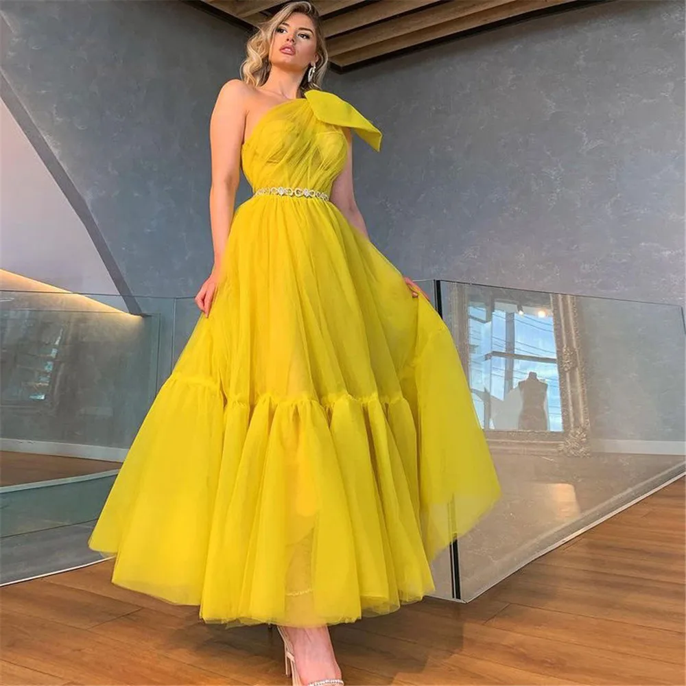 

Sevintage Yellow Tulle Short Prom Dress One Shoulder Tea Length Homecoming Dress Princess Women 2021 Party Gowns Plus Size