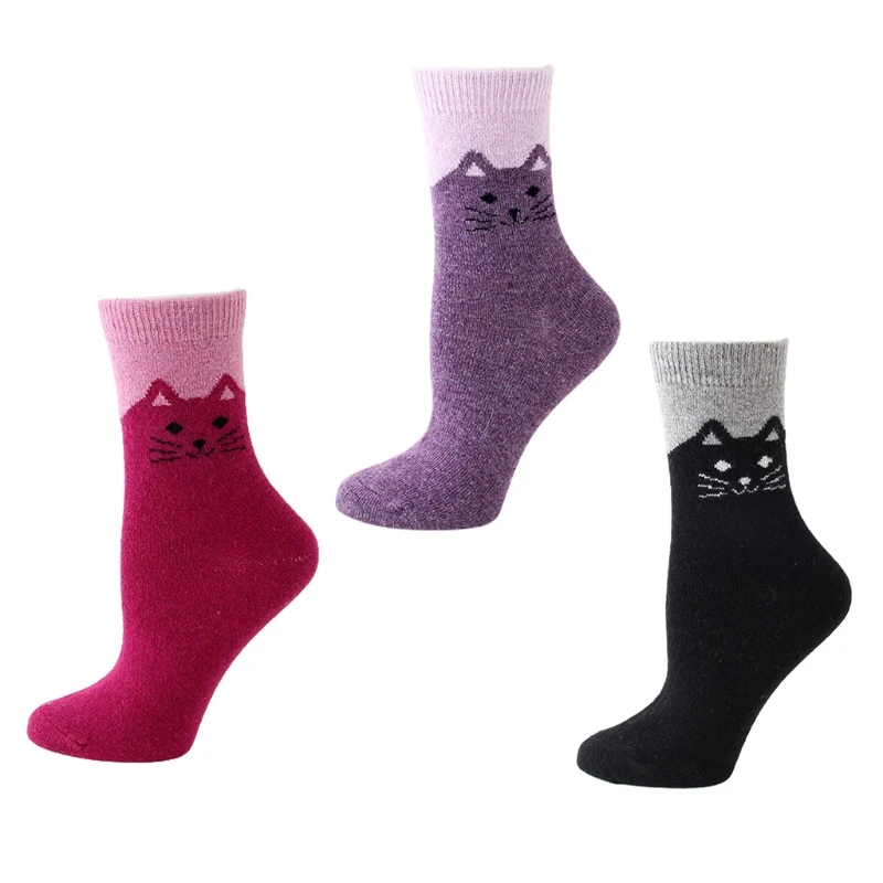 

N7MF женские зимние короткие носки из искусственной шерсти с милым мультяшным принтом кошки контрастных цветов вязаные утепленные теплые но...