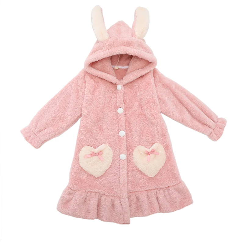 

Winter Kids Girls Sleepwear Robe Flannel Rabbit Ears Teenager Pajamas Homewear Thicken Warm Girls Children Bathrobe Clothes
