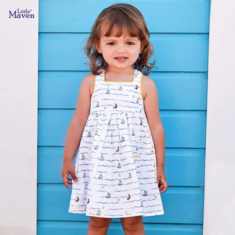 Little maven/Летнее белое платье на бретельках для девочек от 2 до 7 лет, костюм принцессы Детское элегантное платье для малышей