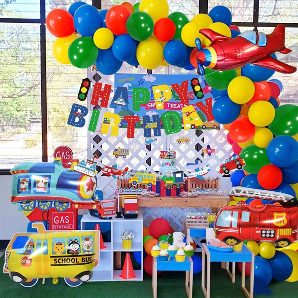 Decoraci&oacute;n de cumplea&ntilde;os para ni&ntilde;o, cartel de transporte para coche, cartel de feliz cumplea&ntilde;os, yate, autob&uacute;s escolar, cami&oacute;n de bomberos, avi&oacute;n, fiesta para ni&ntilde;os, veh&iacute;culos de transporte-0
