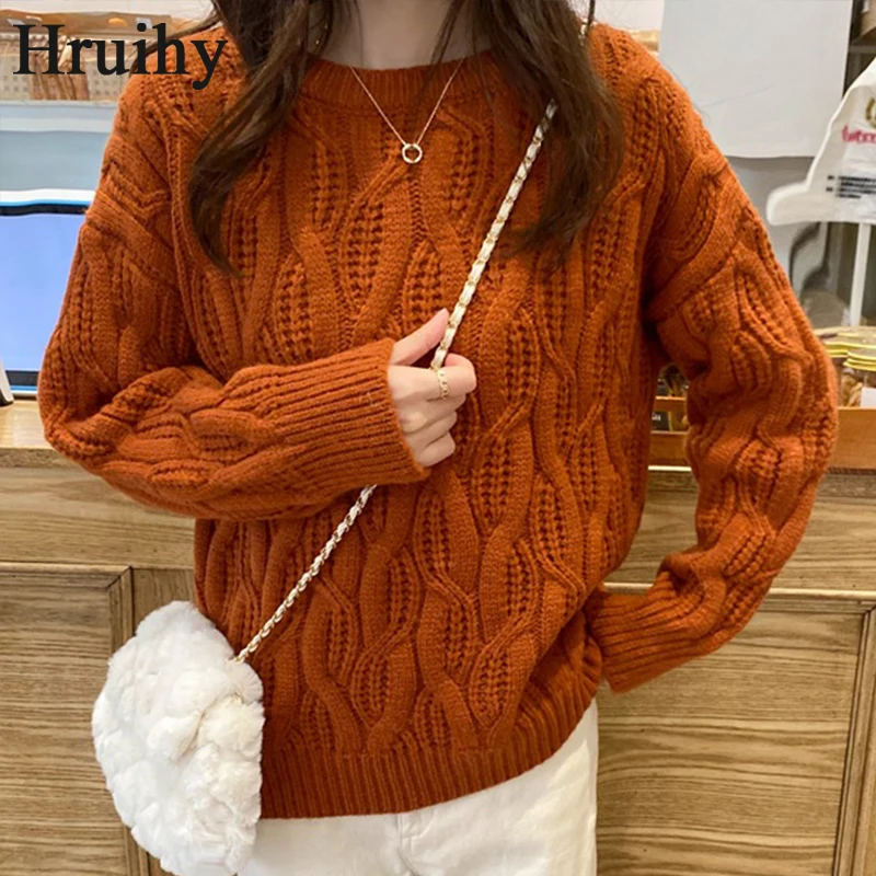 

2022 New Texture Solid Color Round Neck Pullover Loose Retro Twist Sweater Women Fashion Casual Knit Sweater Tops Thickening