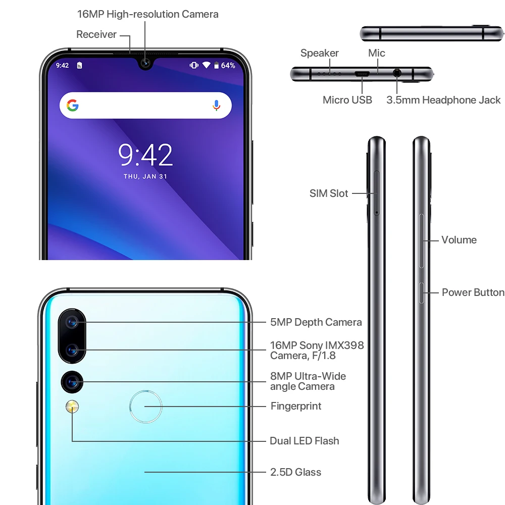 UMIDIGI A5 PRO Android 9 0 4 Гб + 32 ГБ глобальная полоса 16 МП тройная камера Восьмиядерный 6 3 '