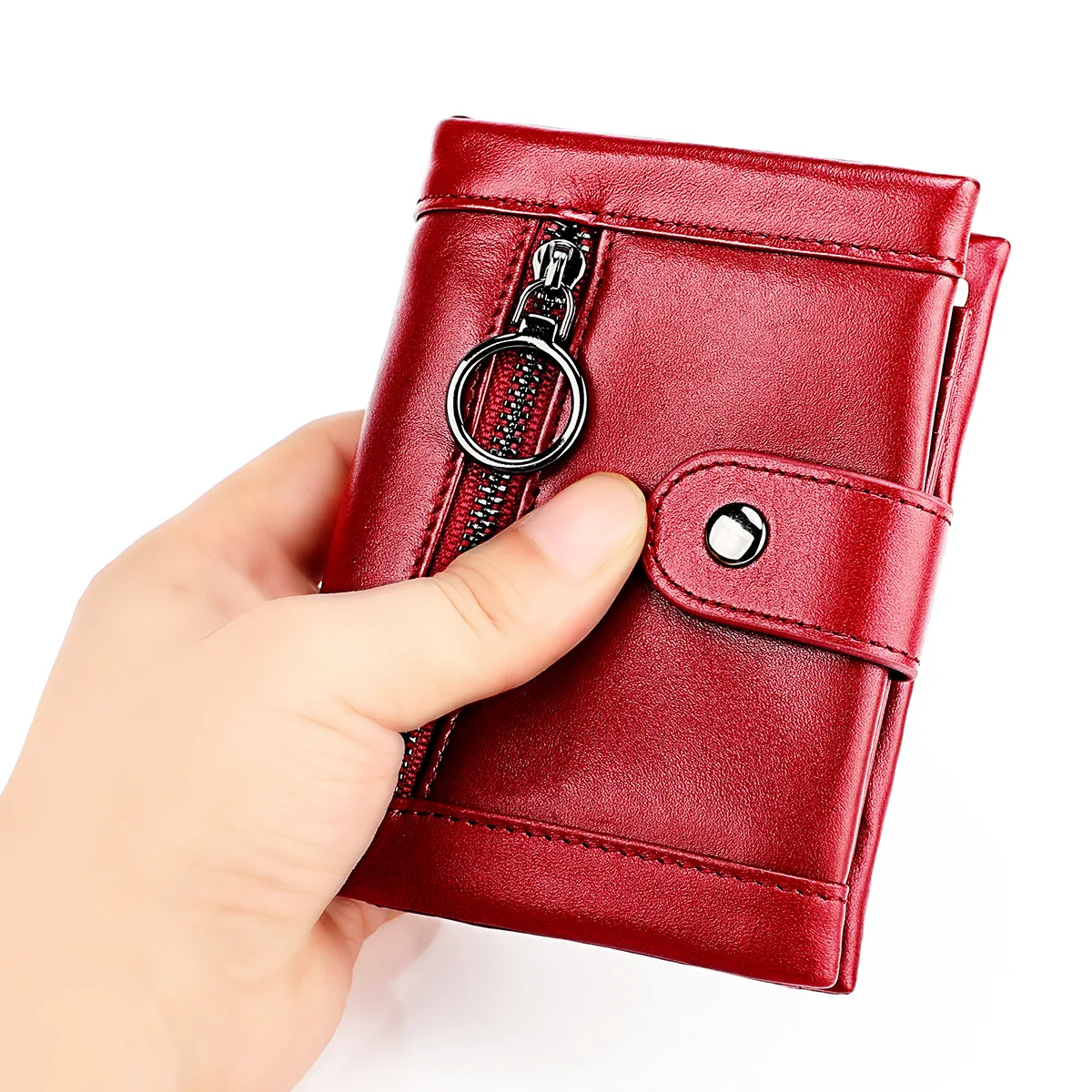 

Vertical Zipper Snap Short RFID Blocking Men's Wallet Genuine Leather Coin Purse Bag Wallet Business Card Holder Women's