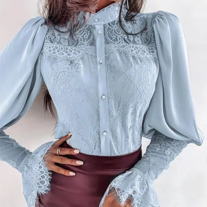Light blue Женские Кружевные блузы с длинными пышными рукавами, топы, элегантные Лоскутные рубашки на пуговицах для женщин, Весенняя модная офисная женская рубашка розового цвета - Цвет: Light blue